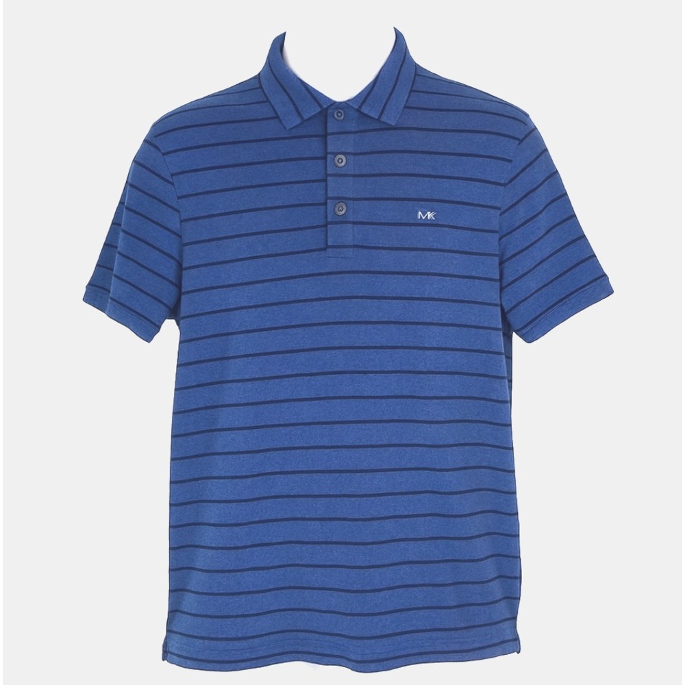 Michael Kors Men Large Blue Striped Short Sleeve Polo Shirt MK Logo Pique Luxury